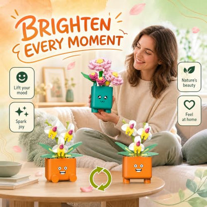 Botanicals Happy Plants Building Sets | 2 Cute Happy Plants Flowers Set, Succulents Botanical Collection for Home Office Décor, Gift for Women Wife Mom(222Pcs) - style: Orange and Green