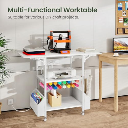 CHOEZON Foldable Heat Press Table with Charging Station, Movable Heat Transfer Stand with Vinyl Roll Holder and Storage Pockets, Mobile Workbench for DIY Sublimation Transfer, White TPS03UWB - color: White