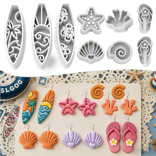 9 Pcs Summer Ocean Polymer Clay Cutters Set - Surfboard, Flip Flop & Sea Themed Clay Cutters for Polymer Clay Jewelry Making, Earring & Craft Supplies - color: Surfboard