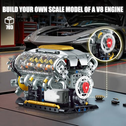 V8 Engine Model Kit that Runs, Build Your Own Mini Visible Car Motor, Physical Science Experiment Building Set for Adults & Teens, STEM Toy Gift for Boys 14+ (703 PCS) - style: YC364