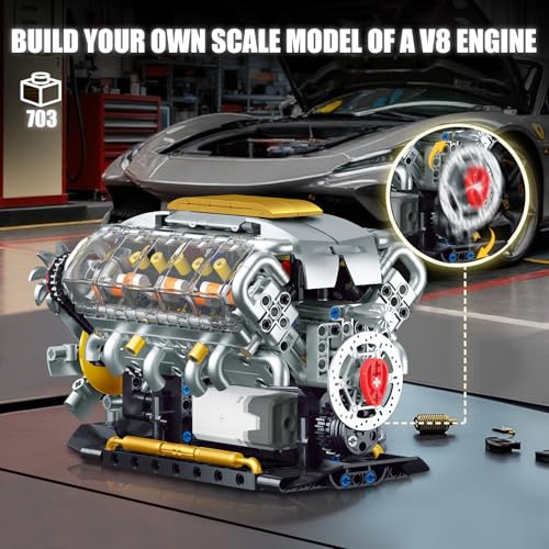 V8 Engine Model Kit that Runs, Build Your Own Mini Visible Car Motor, Physical Science Experiment Building Set for Adults & Teens, STEM Toy Gift for Boys 14+ (703 PCS) - style: YC364