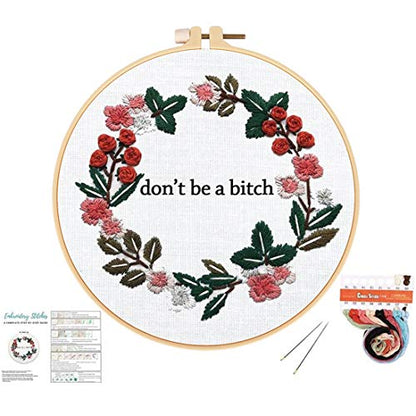 Louise Maelys Cross Stitch Kit Full Range DIY Floral Wreath with Funny Sayimg Embroidery Kit for Beginner - color: Floral-1
