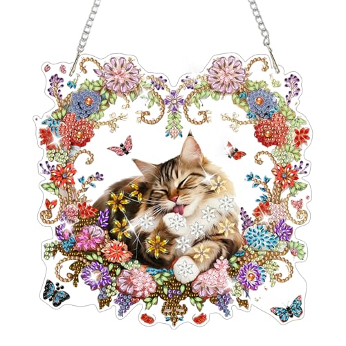 AIRDEA Hanging Diamond Painting Kits Cats,Special Shaped Diamond Art Kits Wreaths Gem Art Pendant Decor,19.4x19.7cm - color: brown red white