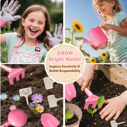 Kids Gardening Tool Set 18PCS Outdoor Toys Tote Bag Watering Can Apron Pink - color: Pink