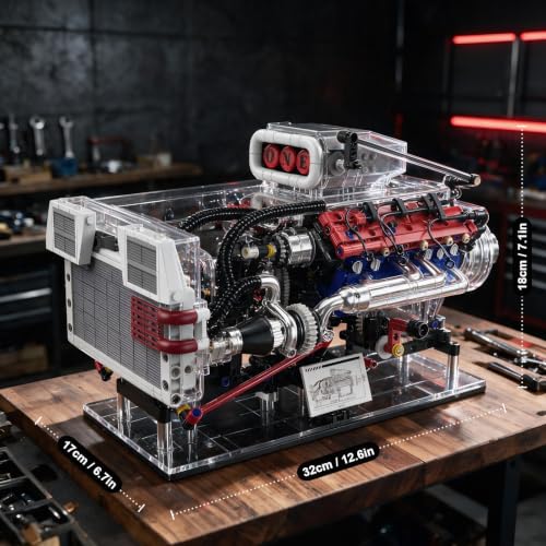 V8 Engine Model Kit, 1151 Pieces, Hand Crank, Transparent Case