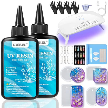 KISREL 200g UV Resin Kit with Light and Molds, Big 22 LED Beads Resin Kit - size: UV200g+22Lamp Beads