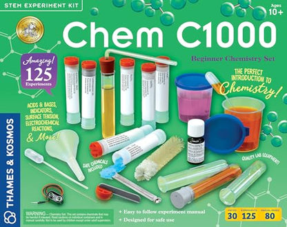 Thames & Kosmos Chem C1000 (V 2.0) Beginner Chemistry Set | 125 Experiments, 80-Page Full-Color Lab Manual, Real Lab Equipment & 7 Chemicals | Parents' Choice Gold Award | STEM Science Kit Ages 10+