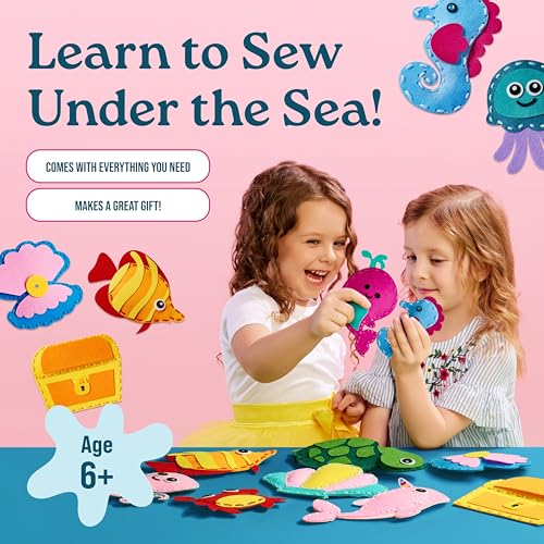 GirlZone Under the Sea Sewing Kit for Kids, Easy Embroidery & Felt Crafts, Make Adorable Sea Creatures with Pre-Punched Shapes & Patterns, Creative Sewing Kit for Kids Ages 3–14