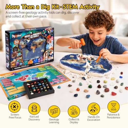 CubicFun World Map Gemstone Dig Kit for Kids 8-12, 30 Rocks & Minerals