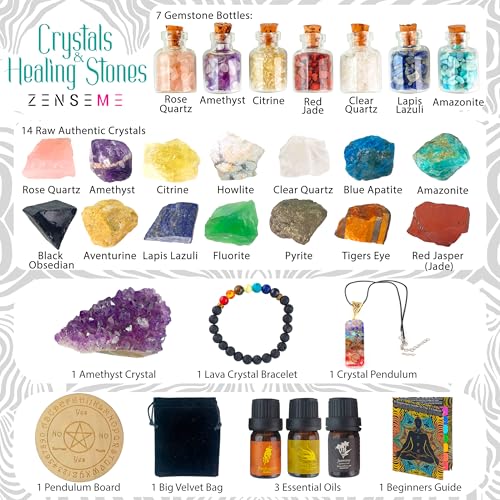 Crystals and Healing Stones Set 31Pcs - Healing Crystals & Stones - 14 Real Raw Chakra Rocks, 7 Gemstones Bottles, 3 Essential Oils,Pendant Necklace, Pendulum Board, Amethyst Cluster, Bracelet & Guide