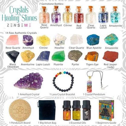 Crystals and Healing Stones Set 31Pcs - Healing Crystals & Stones - 14 Real Raw Chakra Rocks, 7 Gemstones Bottles, 3 Essential Oils,Pendant Necklace, Pendulum Board, Amethyst Cluster, Bracelet & Guide