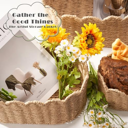 Scalloped Basket Set of 3, Wicker Storage Baskets - Hand-Woven Paper Rope Nursery Organizer for Diaper Caddy, Baby Toys & Shelves, Natural (16x10x7 Inch)