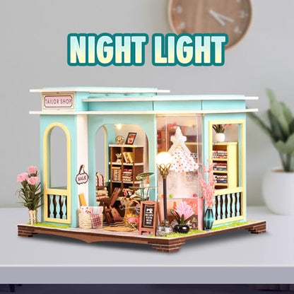 Tailor Shop DIY Miniature House Kit, Wooden Dollhouse with LED for Adults - style: Tailor Shop