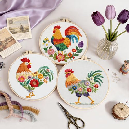 Uniartfy 3 Pack Funny Rooster and Flower Embroidery Kits for Beginners, Animal Cross Stitch Kit for Adults, DIY Needlepoint with Stamped Pattern, Embroidery Hoop, Tools, Colorful Threads, Instructions - color: Embroidery Kit-M