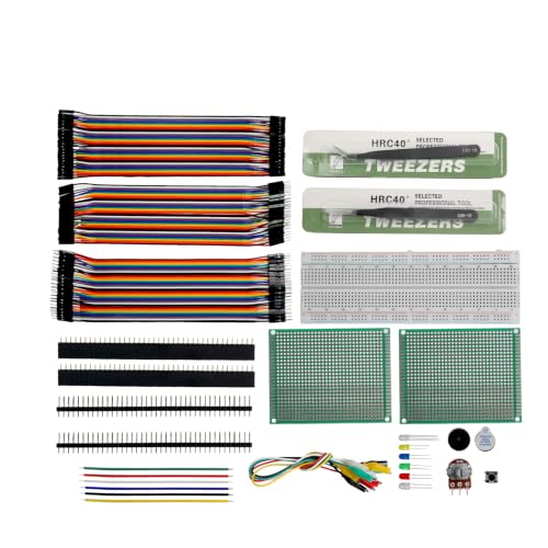 329Pcs Electronics Component Fun Kit - Jumper Wire - Precision Potentiometer - LED - Pin Headers - Alligator Clips -Tweezers 830 tie-Points Breadboard Compatible with STM32 Raspberry Pi Arduino
