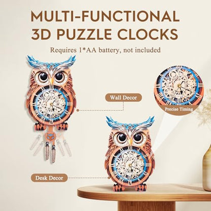 3D Puzzles for Adults Wooden Owl Puzzle Clock Adult Crafts - color: Owl Clock