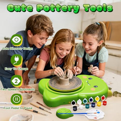 Pottery Wheel for Kids with Foot Pedal, Cute Dinosaur Kids pottery Kit - color: Green D