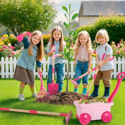 Duckura Kids Gardening Set with Wheelbarrow, Metal Garden Tools for Girls - color: Pink-8pcs