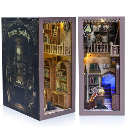 Timeless Bookshop Book Nook Kit with Silicon Liquid Glue - DIY Miniature House Kit for Adults, Teens and Beginners, Dollhouse Booknook Library Tiny House Bookshelf Decor 3D Wooden Puzzle - style: Timeless Bookshop