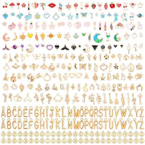 Flasoo 304Pcs Gold Charms for Jewelry Making, Assorted Bracelet Letter Charms for DIY Jewelry Making Necklace Bracelet, Keychains and Crafts