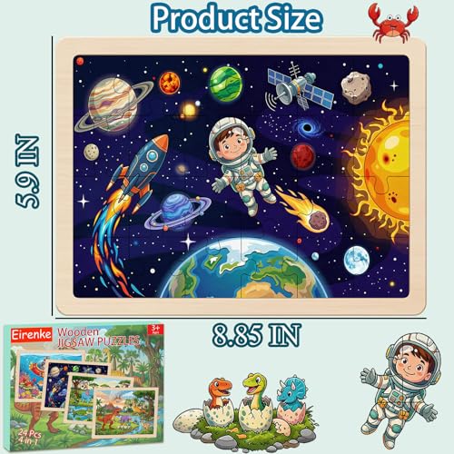 Wooden Puzzles Dinosaur Toys for Kids Ages 3-5 Year Old, 4 Packs 24 Piece - color: Space Mashup