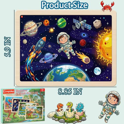 Wooden Puzzles Dinosaur Toys for Kids Ages 3-5 Year Old, 4 Packs 24 Piece - color: Space Mashup