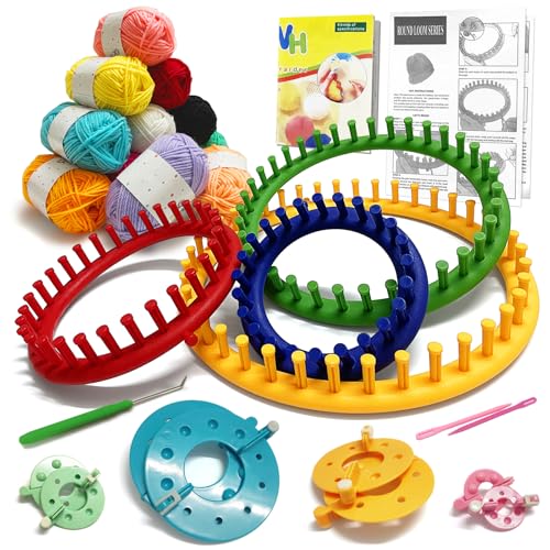 UCDRMA Loom Knitting Kit with Yarn, 23PCS Round Knitting Loom Kit for Beginners Including Instructions and Pom Pom Maker, Easy & Quick Hat Knitting Loom Set/Scarf Loom Knitting Set for Family