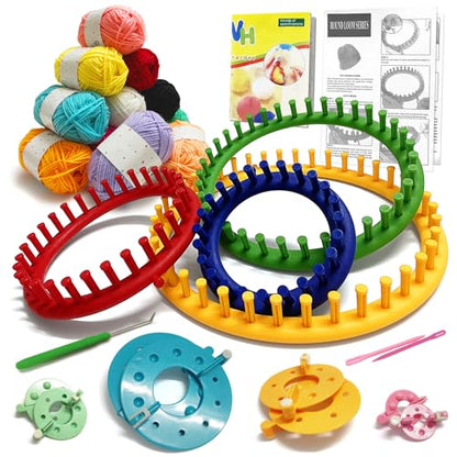 UCDRMA Loom Knitting Kit with Yarn, 23PCS Round Knitting Loom Kit for Beginners Including Instructions and Pom Pom Maker, Easy & Quick Hat Knitting Loom Set/Scarf Loom Knitting Set for Family