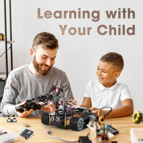 4 in 1 Robotics for Kids Ages 12-16, Smart Robot Arm with 5DOF + Tank Car, STEM Toys Compatible with Arduino & Scratch & Python, App & Remote Control, Gift for Kids & Teens & Adult - color: Black-a