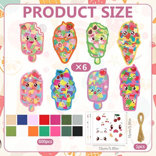 DoubleFill 48 Pcs Summer Ice Cream Suncatchers Craft Kits DIY Summer Ice Cream Stained Glass Effect Tissue Paper Kits Bulk for Window Decor Home Ornament Party Favors Art Activities - style: Summer Ice Cream