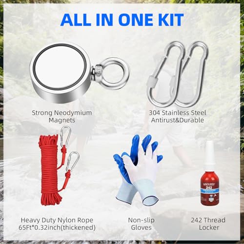 VNDUEEY 1000LBS Magnet Fishing Kit, 2.95" Double Sided Neodymium Fishing Magnet Kit with Rope, Strong Magnets for Retrieving in River Lake Beach and Lawn, Includes 65Ft Rope, Carabiner, Gloves - size: 2.95" 1000LBS, style: Double Sided Kit