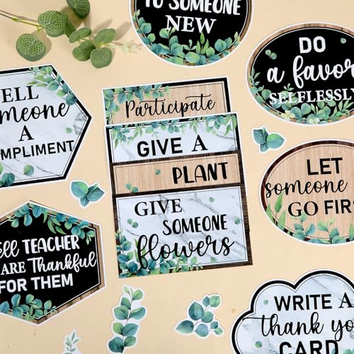 QOUBAI Greenery Random Acts of Kindness Bulletin Board Set Eucalyptus Classroom Bulletin Board Decorations Kindness Challenge Cutouts Classroom Decorations for Back to School Office Chalkboard Decor - style: Greenery