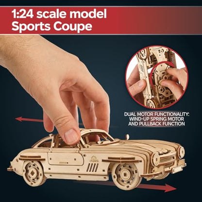 UGEARS Winged Sports Coupe Model Car Kit - 3D Wooden Puzzle for Adults – Model Kit for Adults to Build - DIY Wooden Car with Authentic Gull-Wing Design, 3D Puzzle