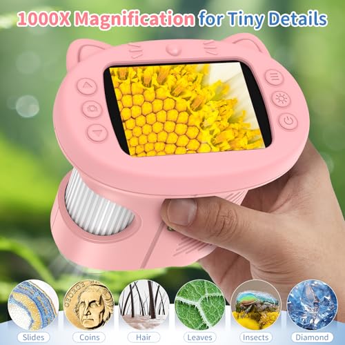 Kids Handheld Digital Microscope 1000X: Science Gift Kit STEM Toy Ages 5-13 - color: Pink