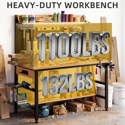 DWVO 47in Adjustable Workbench with Pegboard 1100lb Load on Wheels - size: 48" Workbench w/Pegboard & LED