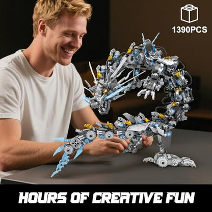 HIGH GODO Dragon Building Blocks Sets for Adults, 2 in 1 Grey Mechanical Dragon Animal Building Model Collectible Display Toys, Cool Creative Gifts for Teens Fans (1390 Pcs) - style: 2 in 1 Grey Dragon