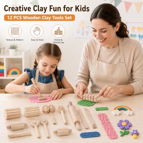 Garneck 12Pcs Wooden Clay Tools Set for Kids: Dough Rolling Modeling Accessories Pottery Sculpting Kit Modeling Accessories for Early Education Art Craft Activity Home School (Pack of 3) - size: 16.50X1.50X1.50CM (Pack of 3)