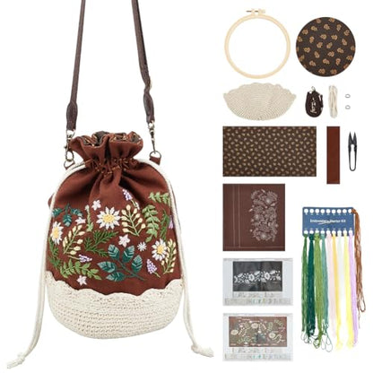FREEBLOSS 10.6x5.5'' Embroidery Bucket Bag Flower Style Embroidery Kit with Instruction Cotton Embroidery Starter Kit for Beginners Adults