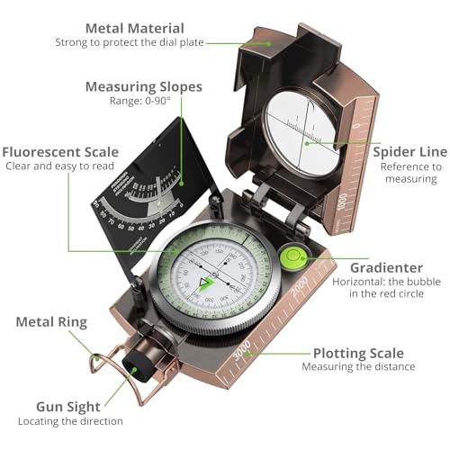 Proster Lensatic Sighting Compass IP65 Waterproof with Clinometer Bag - color: Bronze