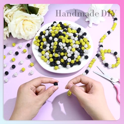 Dowarm 255PCS 10mm Rhinestone Beads for Baseball Rhinestone Necklace Bracelet Jewelry Making, Round Polymer Clay Beads for Crafts Beaded Pen, Shamballa Pave Disco Diamond Bead, Yellow|Black|White - color: 09-Yellow | Black | White