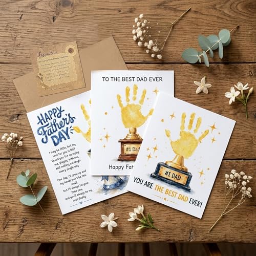 Fathers Day Crafts from Kids - Custom Handprint Set 3, Personalized Best Dads Ever Handprint Kit Family Handprint Craft Keepsake Personalized Fathers Day Dad Gifts from Kids Daughter Son for New Dad - color: CupBestFather