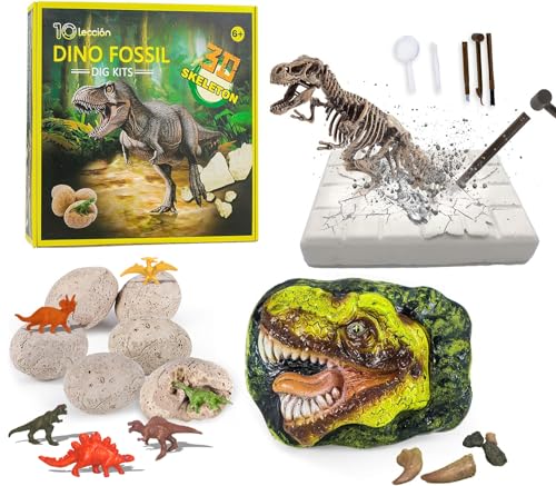 Dinosaur Fossil Digging Kit for Kids, Eggs Excavation Dig Kit, Toys for Kids 5-7 8-12, Great Birthday for Boys and Girls - style: 6 Dino Eggs+A T-Rex Head+A Dino Skeleton
