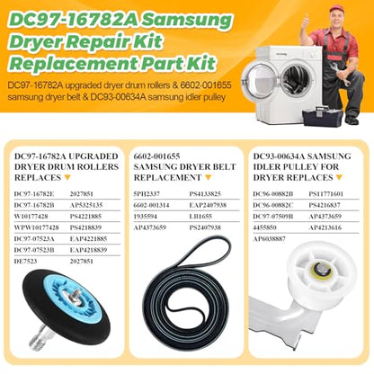 Dryer Repair Kit Fit for Samsung DV42H5000EW/A3 DV45H7000EW/A2 DV42H5200EP/A3 DV40J3000EW/A2, Includes DC97-16782A Samsung Dryer Roller, 6602-001655 Dryer Belt, DC93-00634A Idler Pulley by Techecook