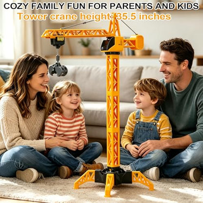 35.5-Inch 6 Channel RC Tower Crane for Kids, Remote Control Crane Toy with LED Lights, 360° Rotating Lift Construction Vehicles with Grabber, Log, Lifting Basket, Educational Learning Toys for Boys