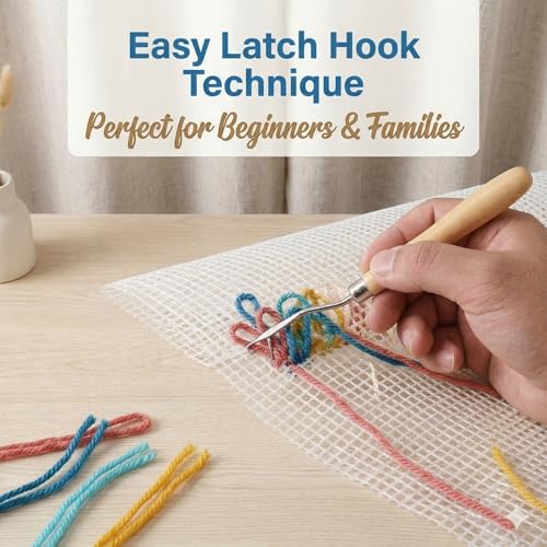19.7x19.7 Inch Latch Hook Canvas with Wooden Crochet Hook Tool - Starter Rug Making Mesh Cloth Kit for DIY Tapestry & Cushion Crafts (19x19in Mesh +Hook) - color: 19x19in Mesh +Hook