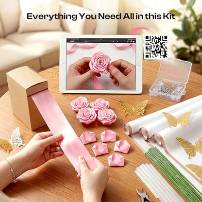 Caydo Pink Ribbon Rose Bouquet for Gifts - color: Light Pink