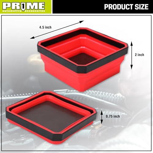 PR1ME Collapsible Magnetic Parts Tray Set, Foldable Magnetic Tray, 3 Pieces 4.25 inch Square Silicone Bowls with Magnetic Base Stores and Organizes Small Parts and Tools (Pack of 2) - size: Basic Trays (Pack of 2)