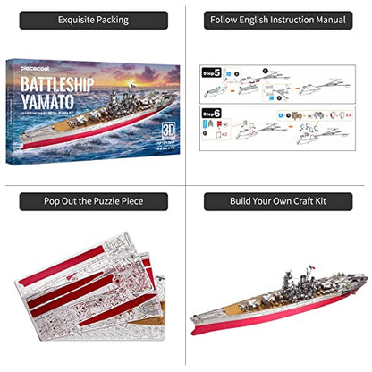 Piececool 3D Metal Puzzle Military Watercraft Model Kits, Yamato Battleship Metal Model Building Kit for Adults, Brain Teaser DIY Hobbies for Men, for Teens Boys, 245 Pcs - color: Yamato