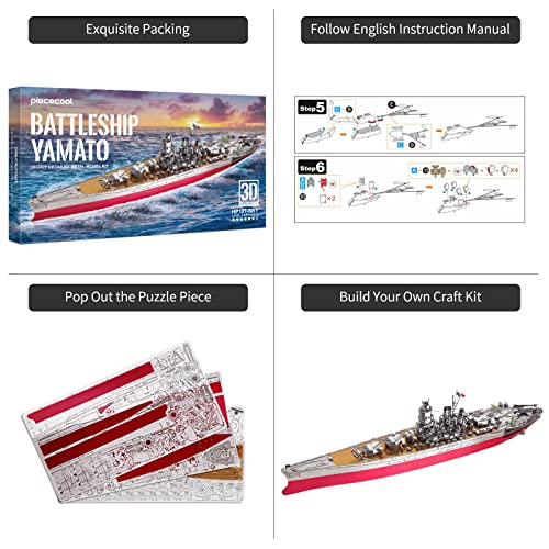 Piececool 3D Metal Puzzle Military Watercraft Model Kits, Yamato Battleship Metal Model Building Kit for Adults, Brain Teaser DIY Hobbies for Men, for Teens Boys, 245 Pcs - color: Yamato