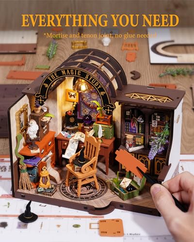Rowood Magic Study Miniature House Kit, DIY Miniature Dollhouse Kits for Adults, Wizard Mini House Craft Kits for Women with LED, Halloween Christmas Birthday Gift for Adults (The Magic Study) - style: The Magic Study